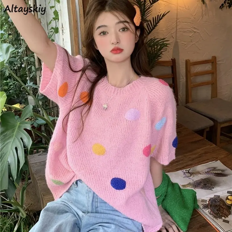 

Pullovers Women 3D Colorful Dot Designed Lovely Loose Knitted Spring Soft Girlish Chic Short-sleeve Ulzzang Student Harajuku Y2k