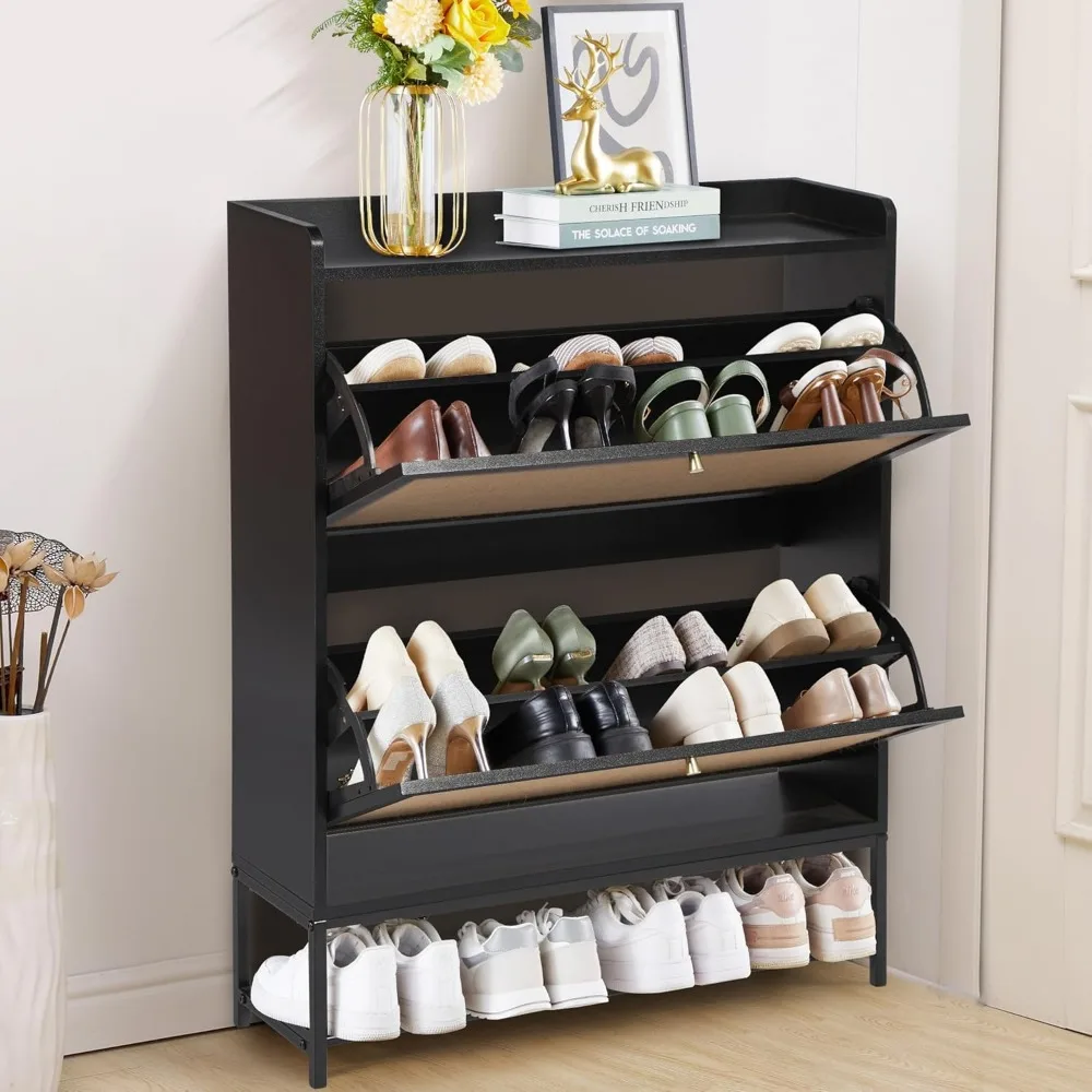 Shoe Cabinet for Entryway, Black Slim Shoe Cabinet with 2 Flip Drawers Narrow Shoe Storage Cabinet, 2 Tier Freestanding 4