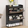 Shoe Cabinet for Entryway, Black Slim Shoe Cabinet with 2 Flip Drawers Narrow Shoe Storage Cabinet, 2 Tier Freestanding 4