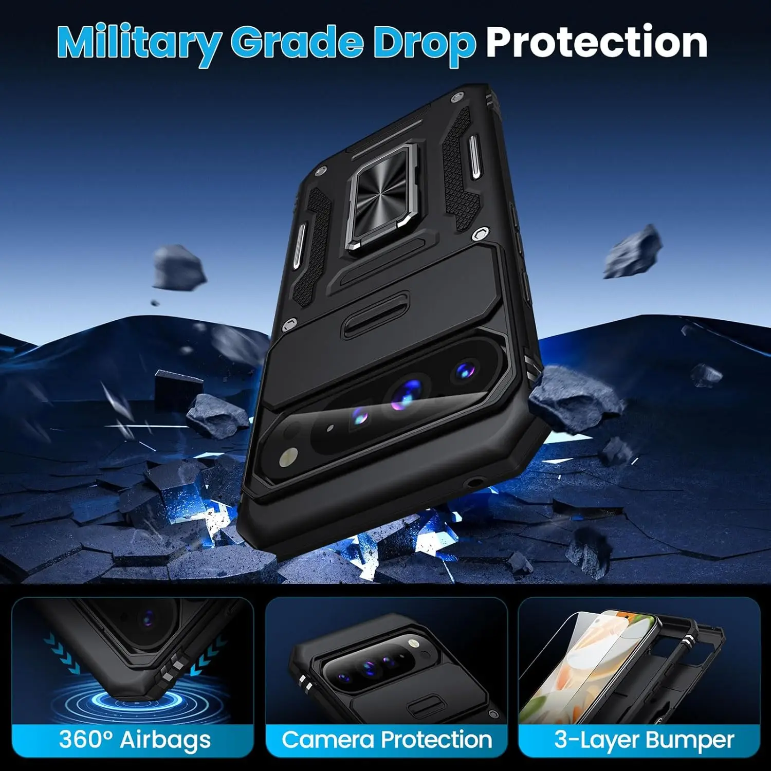 Rugged Shockproof Protective Case with Slide Lens Cover and Kickstand