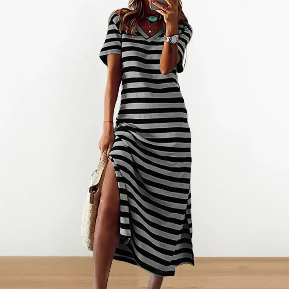 

Short Sleeve Dress Elegant V Neck Summer Midi Dress with Side Split Slim Fit Women's Office Lady Striped Print Party Dress