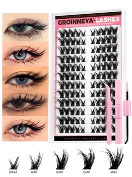 groinneya cat eyelashes clusters kit winged end eye elongated diy lash extension kit lash bond & seal & eyelash tweezers fox eye