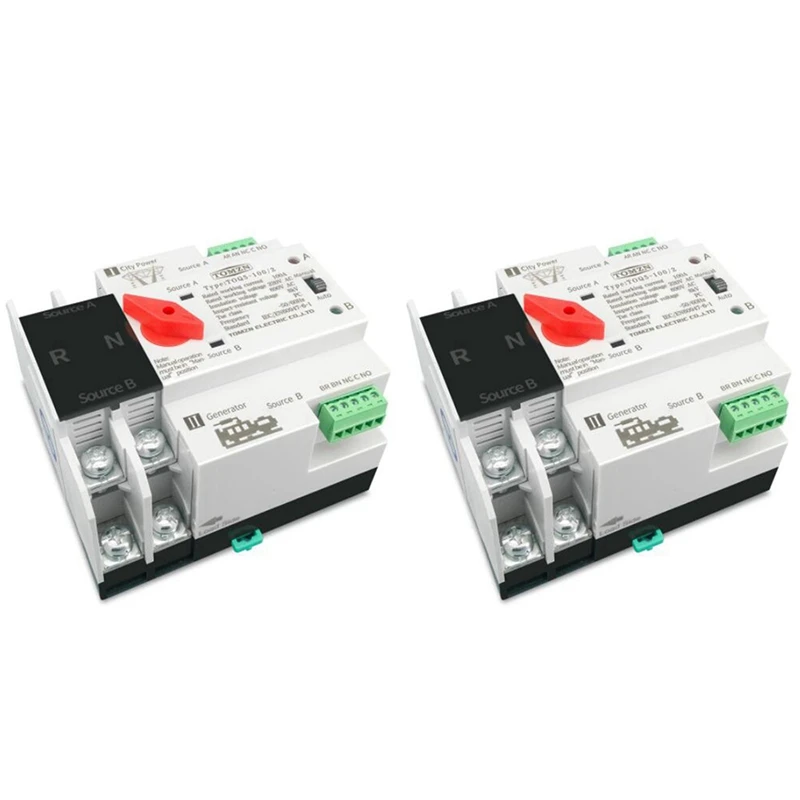 

2X TOMZN Din Rail 2P ATS Dual Power Automatic Transfer Switch Electrical Selector Switches Uninterrupted Power 100A
