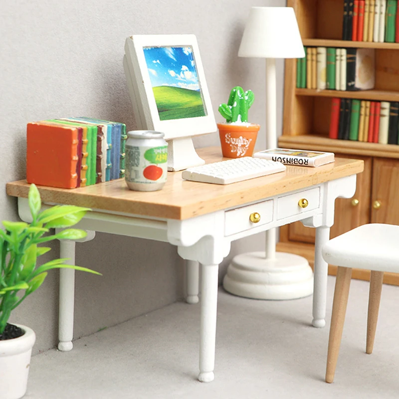 

Dollhouse Miniature Furniture Computer Desk Study Desk Tea Coffee Table DollHouse Study Room Decor Simulation Mini Home Ornament