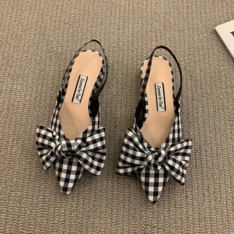 Women's Pumps Fashion Pointed Toe Bowknot Slingbacks Pumps Plaid Polka Dots Heels Slip-on Small Heel Sandals Casual Thin Shoes 5