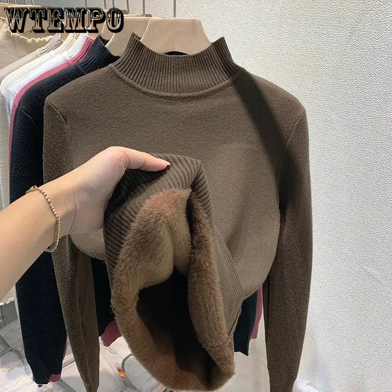 

Turtleneck Thicken Plus Velvet Sweater Woman Winter Knitted Pullovers Casual Lined Warm Knitwear Tops Drop Shipping