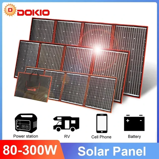 Panneau solaire portable pliable Dokio 18V 80W 100W 200W avec contrôleur 12V, panneau solaire flexible pour la maison, le camping et les voyages 1