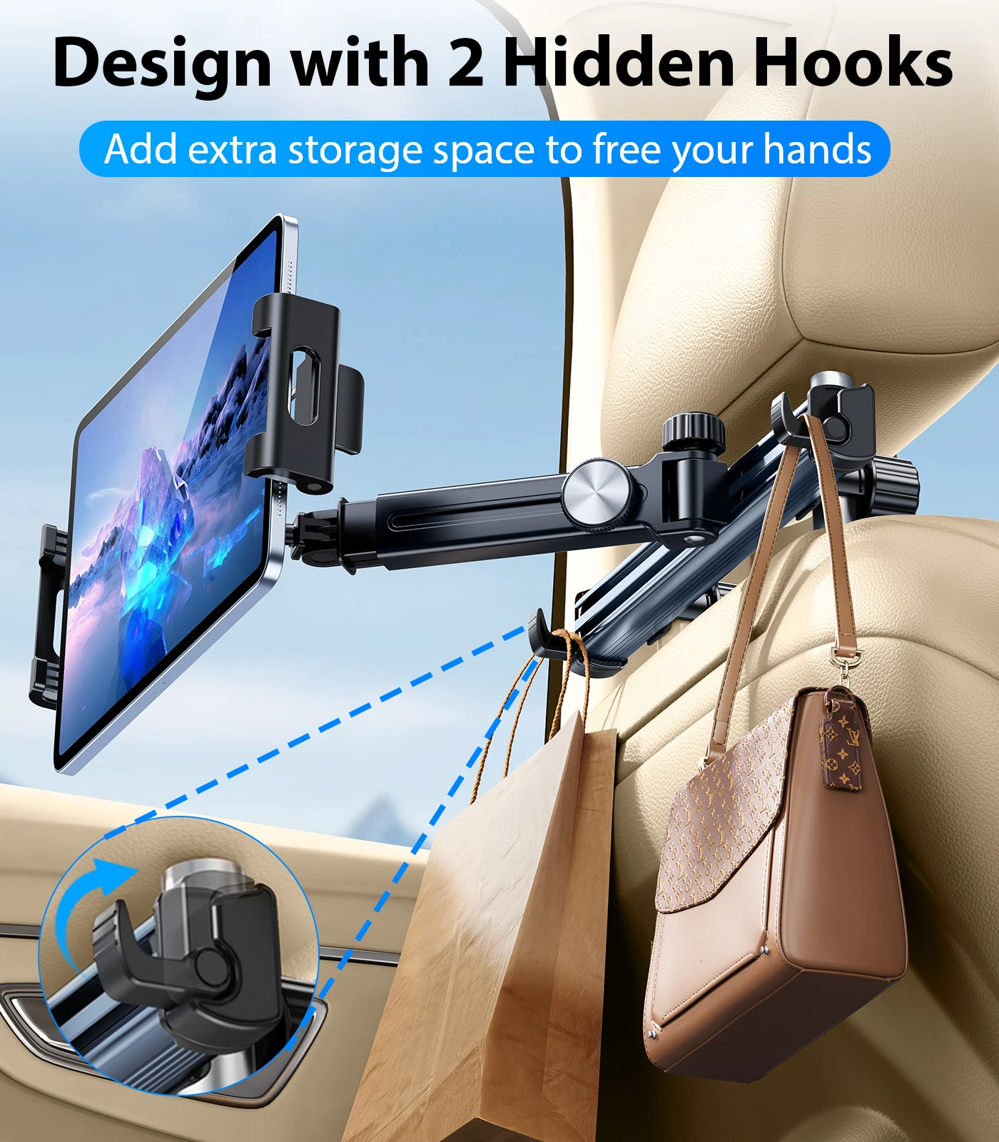 Eary Tablet Holder Mount for Car Headrest Back Seat 360 Rotate Phone Stand Long Arm Adjustable With 2 Hook Fit for 4.7-12 Device