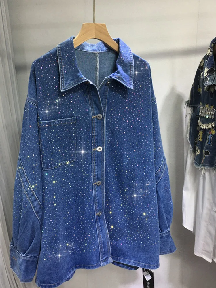 

Full Diamonds Women Denim Jackets 2024 New Spring All-match Cardigans Coat Shiny Hot Drilling Loose Long Sleeve Outwear