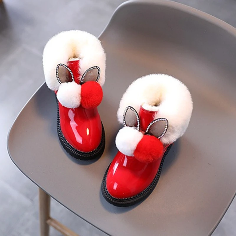 Toddlers Fashion Ankle Boots Furry Hairball Winter Girl Warmth Cotton Boots for Princess Kids Sweet Soft Children's Plush Boots
