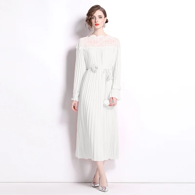 فستان بأربطة دانتيل مطوي ، فضفاض ونحيف ، زهور ، كا...