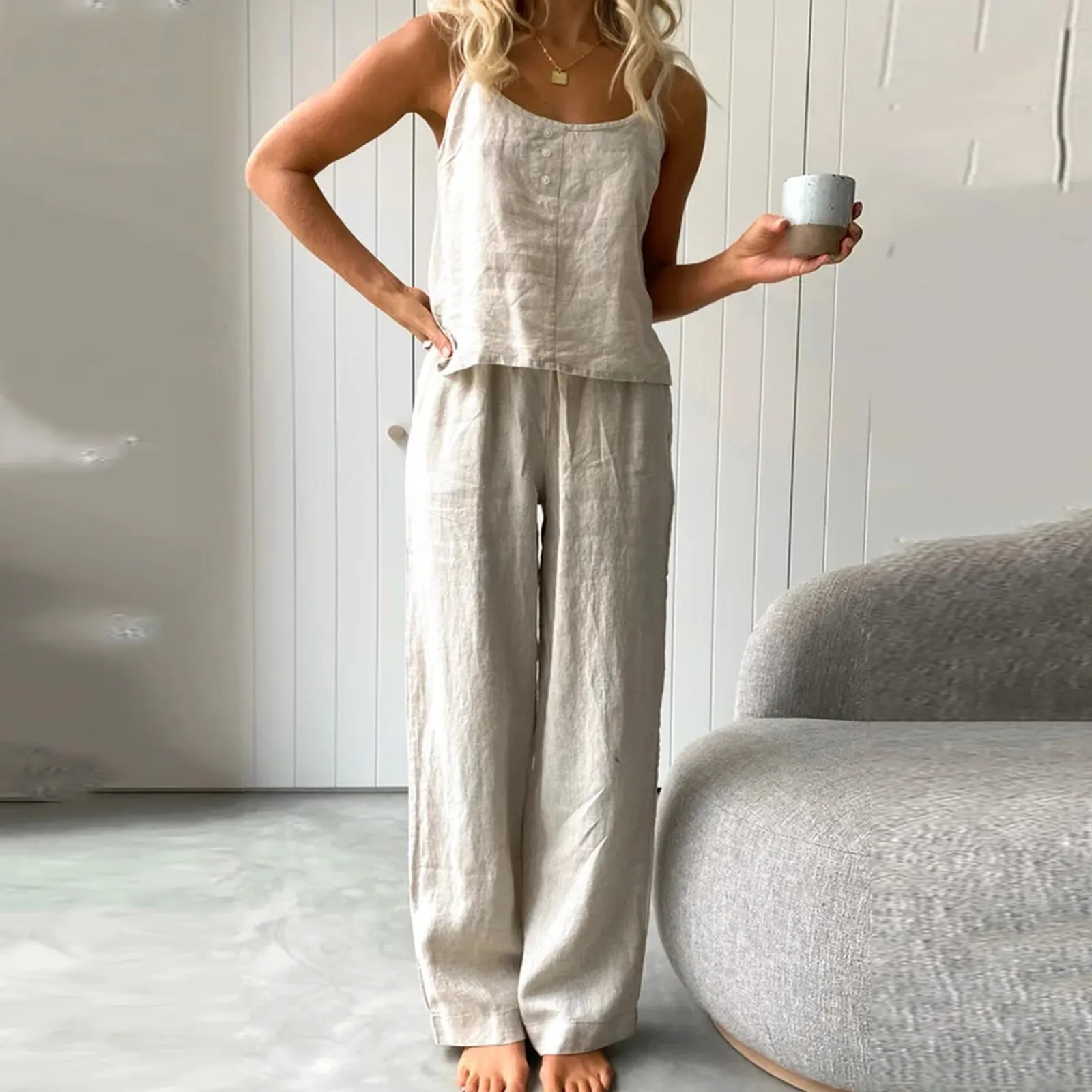 Women's Cotton And Linen 2 Piece Pajamas Set Summer Solid Thin Sleeveless Suspenders Trousers Set Loose Fashion Home Clothes