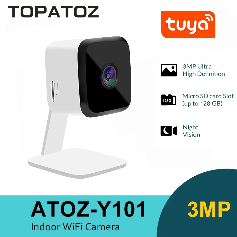 TOPATOZ Tuya 3MP WiFi IP Camera Smart Home Security CCTV Surveillance Camera Indoor Two Way Audio Baby Monitor
