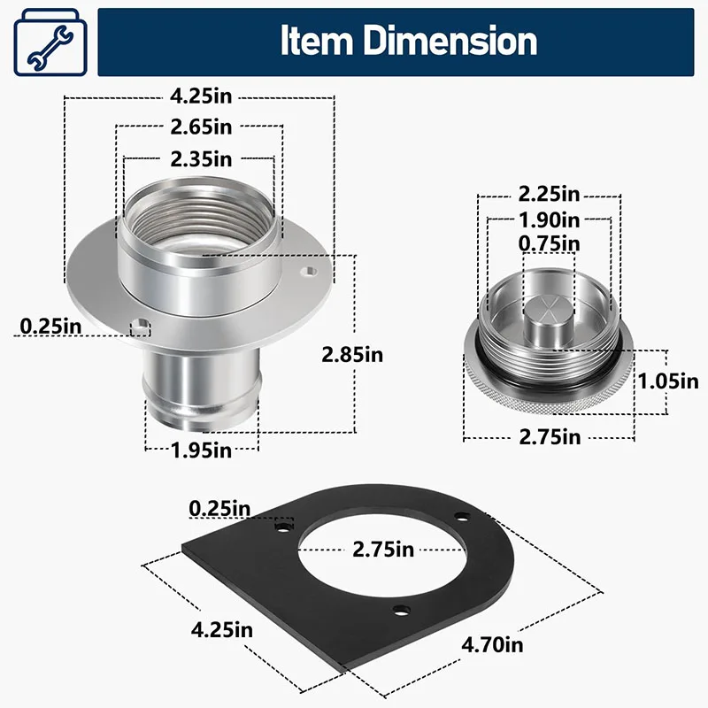 17-2530 Remote Fuel Tank Filler Neck With Billet Aluminum Gas Cap & Weld-On Steel Mount Bracket For 2" Hose Connection, Straight