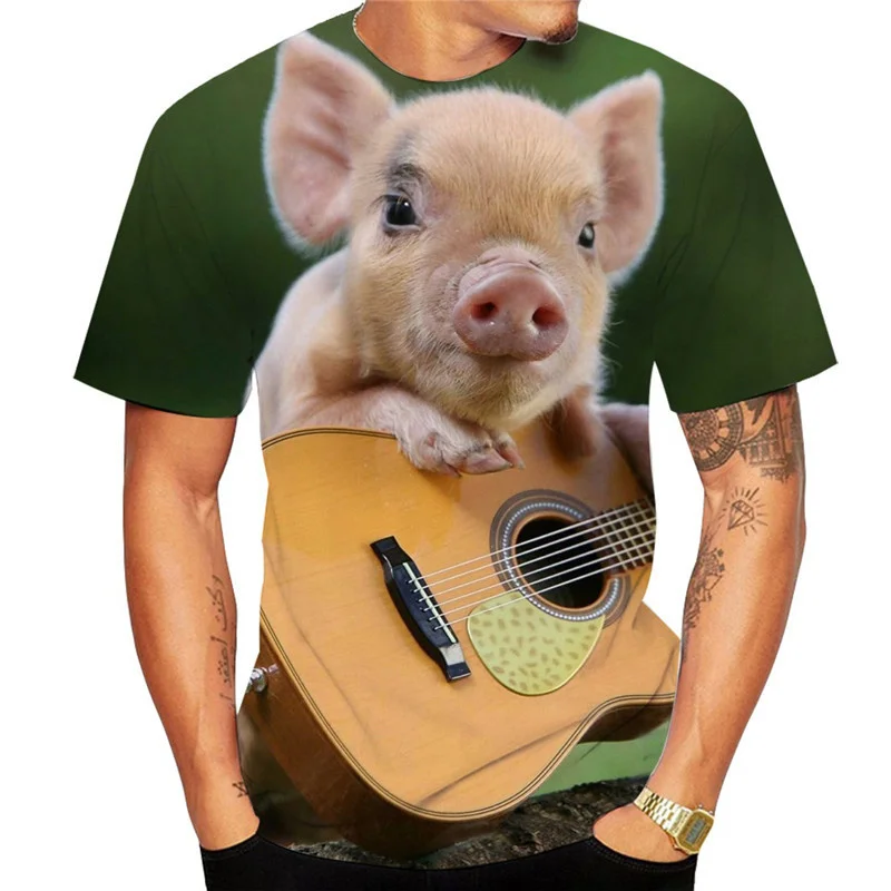 

Guitar-playing Pig 3D Printed Men's T Shirts Funny Summer Animals O-Neck Short Sleeve Casual Comforts Tee Shirt Kid Tops Women