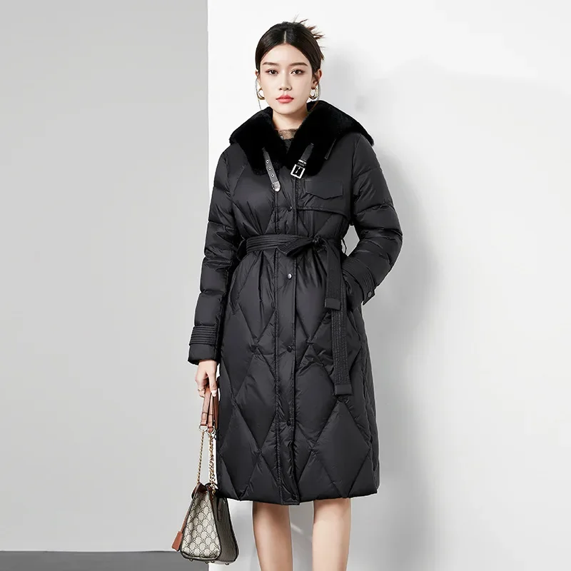 Down jacket white duck down 2023 winter fashion mid length high-end plush collar new waistband women's down jacket