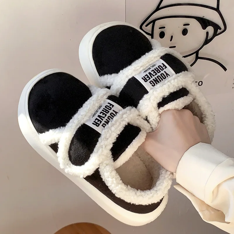 Warm Cotton Slippers Women Men Winter Platform Shoes Soft Plush Thick Sole Couples Indoor Home Floor Footwear With Heels 2