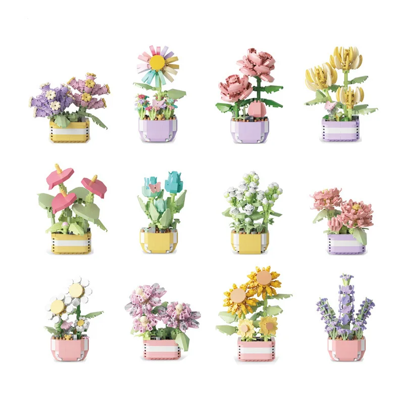 

Flower Potting Micro Building Block Rose Sunflower Plants Assembled DIY Eternal Flower Mini Brick Toys For Home Decor Pendant