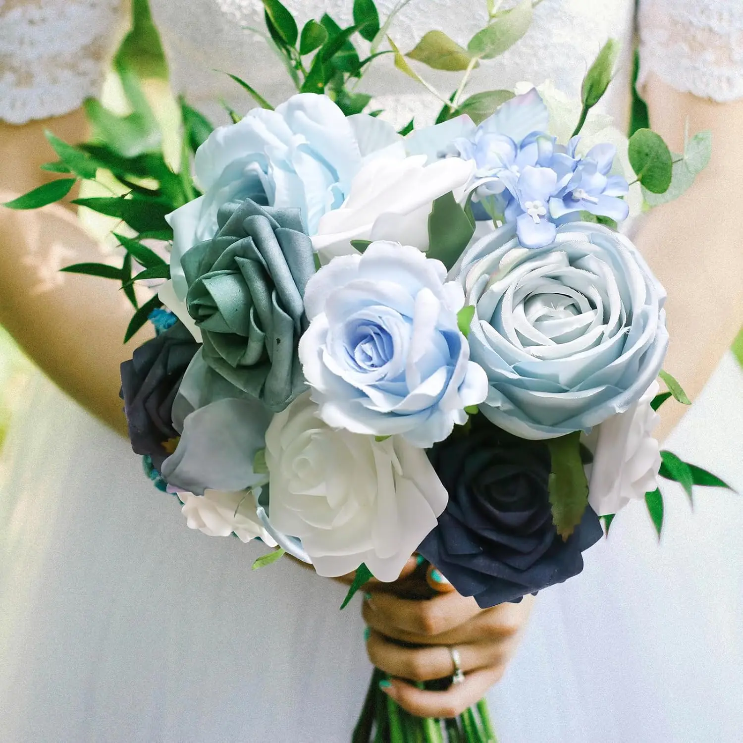 Yannew Künstliche blaue Seidenblumen-Kombi-Box-Set mit Stielen für selbstgemachte Hochzeitstorte, Brautsträuße, Party, Tischdekoration – Detail 9