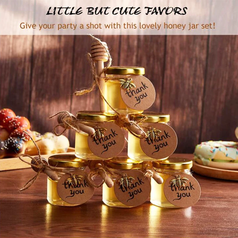 

10/20Pcs 1.5oz Мини Баночки Меда Party Favors Маленькие Баночки Меда Dippers Золотые Крышки Пчела Шармы Теги Джут Шпагат Милый Подарок Домой