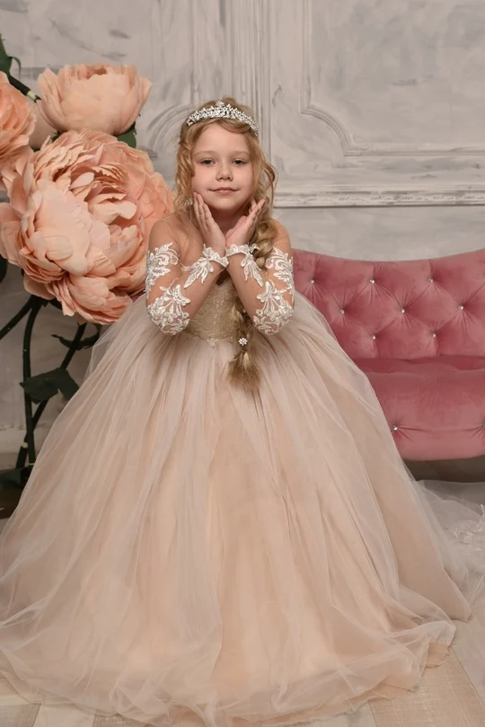 Flower Girls Dress Vintage Princess Lace Tulle for Kid Child Wedding Party Juniorbridesmaid Maxi Ball Gown Evening flower girl dresses,girls dresses