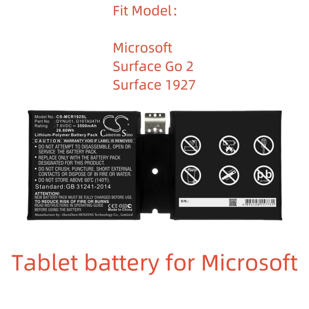 

Li-Polymer Tablet battery for Microsoft,7.6V,3500mAh,Surface Go 2 Surface 1927,DYNU01 G16TA047H