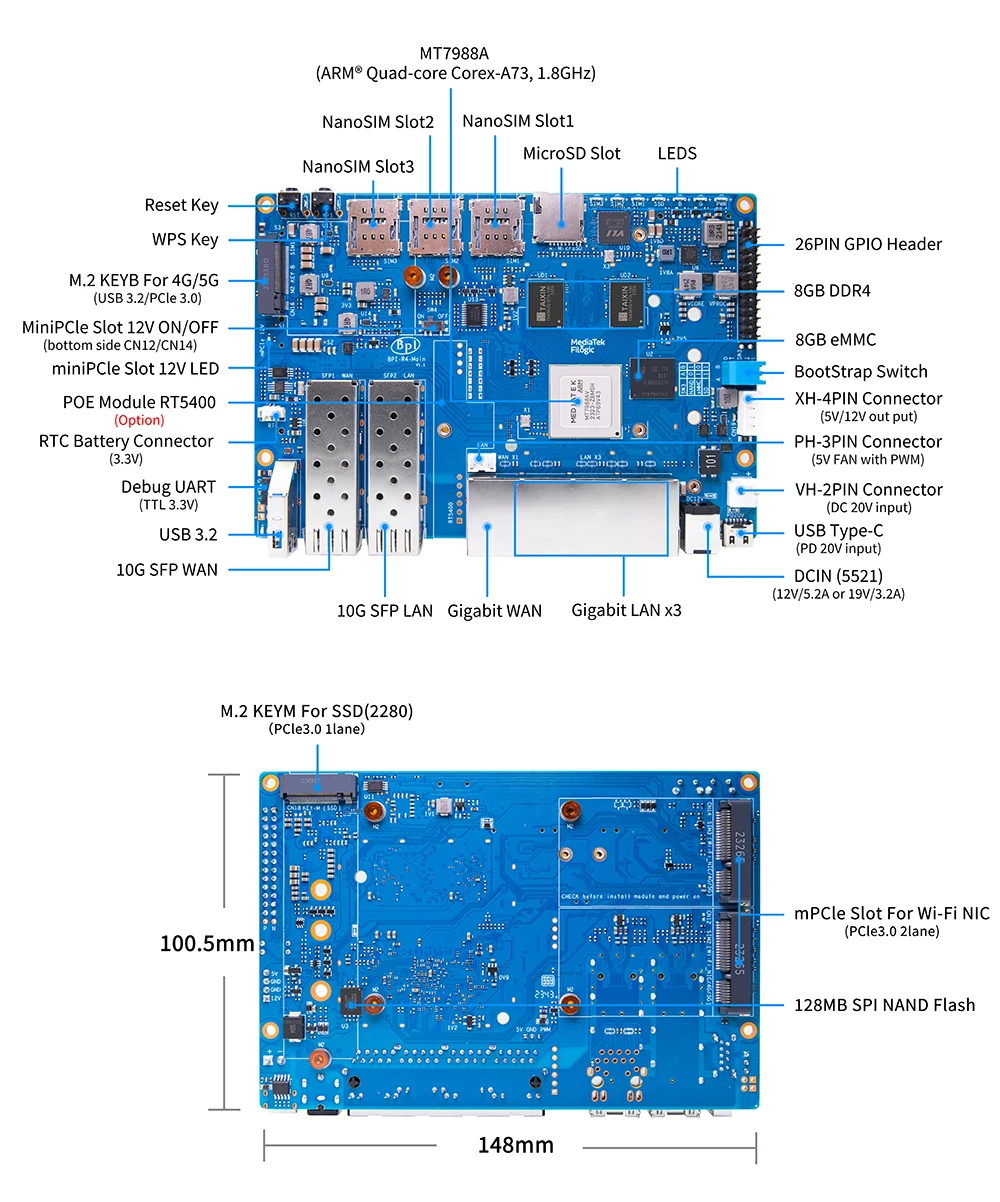 8GB RAM Banana Pi BPI-R4 Router Board with WiFi7 MediaTek MT7988A Internet Servi