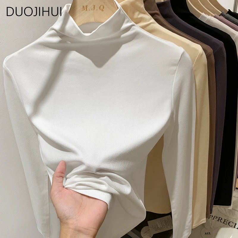 

DUOJIHUI Apricot Thick Warm Soft Slim Casual Women Pullovers Autumn New Chicly Neck Solid Color Fashion Simple Female Pullovers