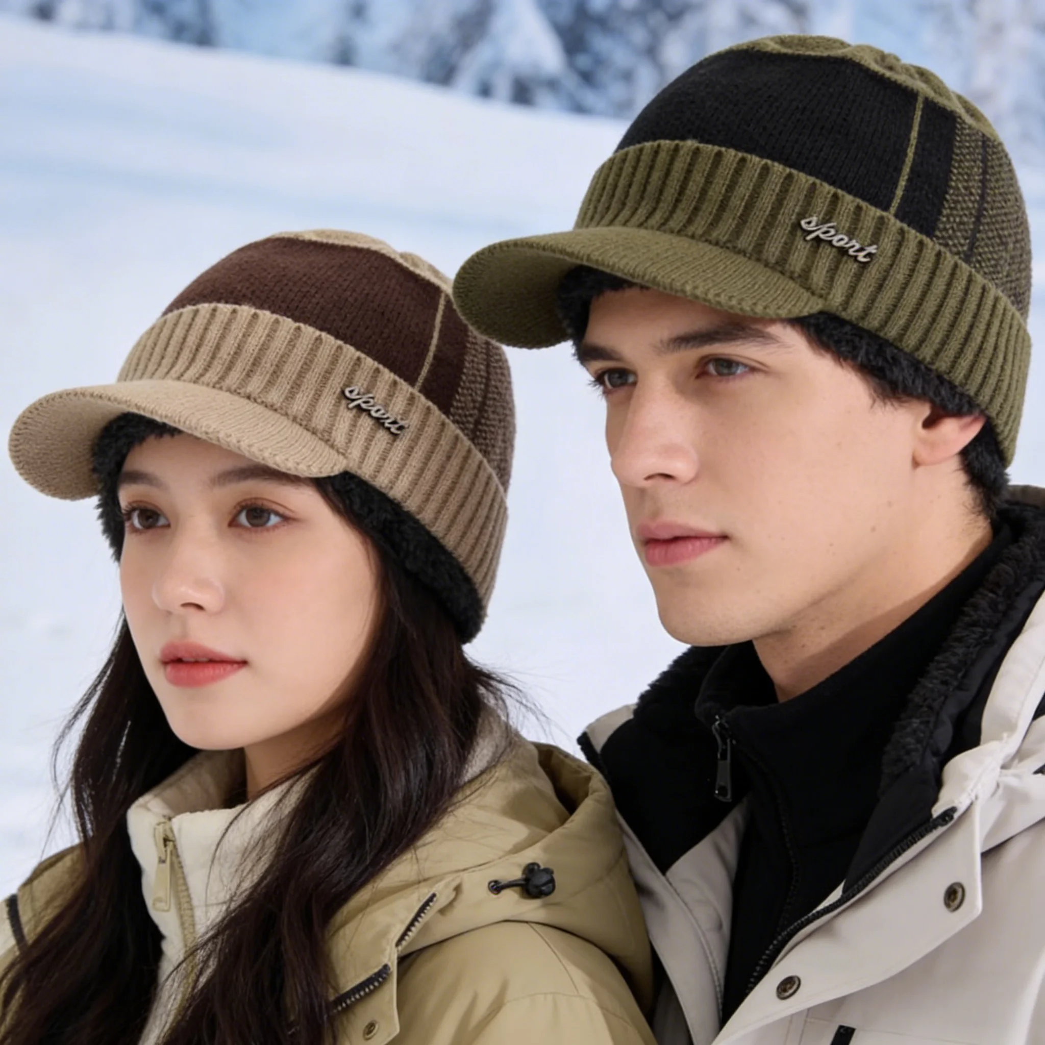Hot Sale Unisex Warm Winter Hat With Brim Plush Fur Lined Knit Cap Sports Label Thicken Winter Hats For Men
