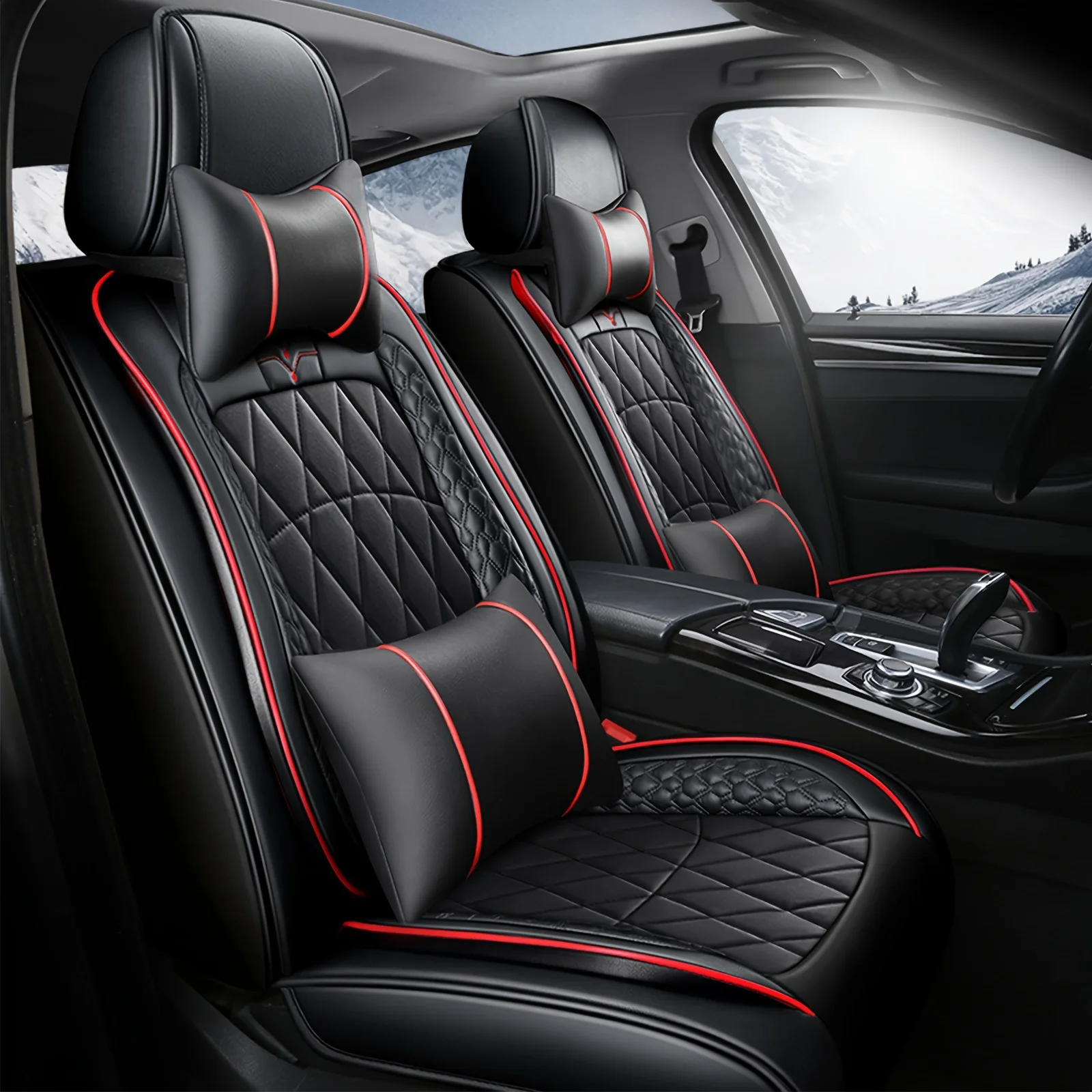 

5 Seats Full Set With Pillows Universal Car Seat Cover Faux Leather Cushion Interior Cushion 360° Protector Anti-slip