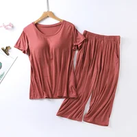 2026 summer new ladies modal pajamas two-piece suit with chest pad short-sleeved cropped trousers plus size home service set - Image 2