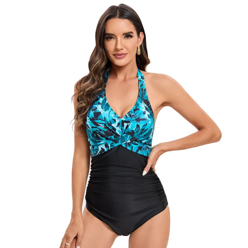 2024 European and American New Tight and Sexy One Piece Swimsuit Multi Color Printed Large Size Covering Belly Show Slim Open Back Swimsuit_voghion.com