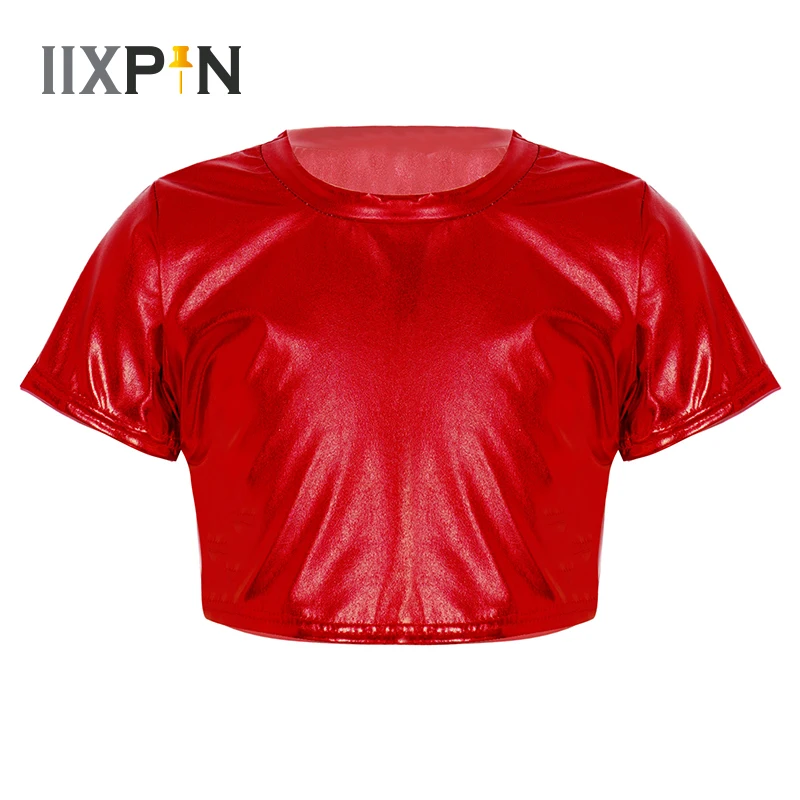 

Kids Girls And Boys Jazz Dance Tops Stage Performance Costume Short Sleeve Shiny Metallic Dance Crop Top Modern Dance Wear
