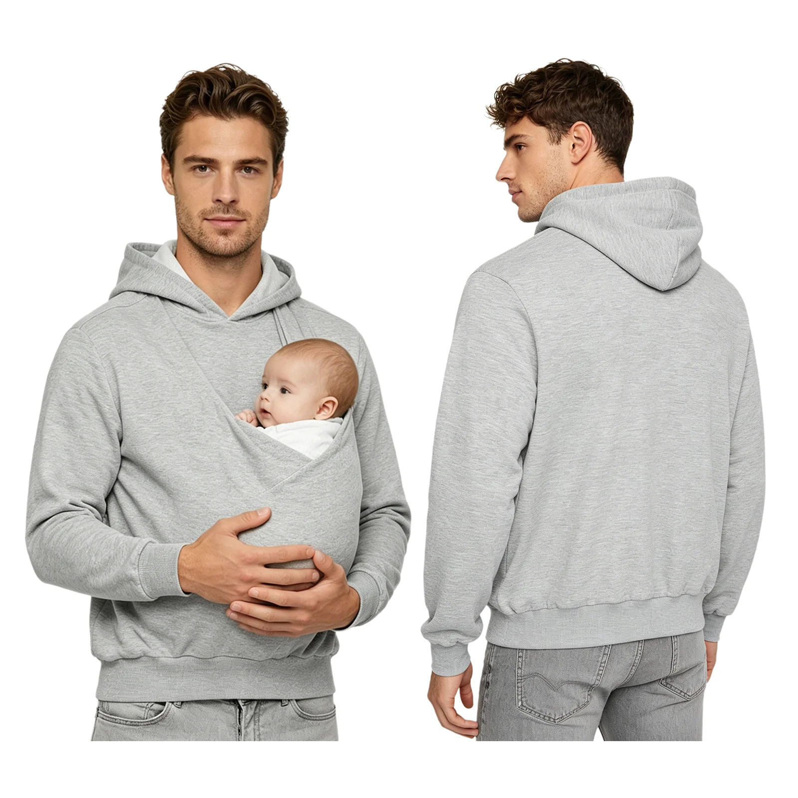 Men Hooded Sweatshirt Kangaroo Jacket Dad and Baby Carrier Hoodie Front Large Pouch Pullover Top for Outing Travel Homewear