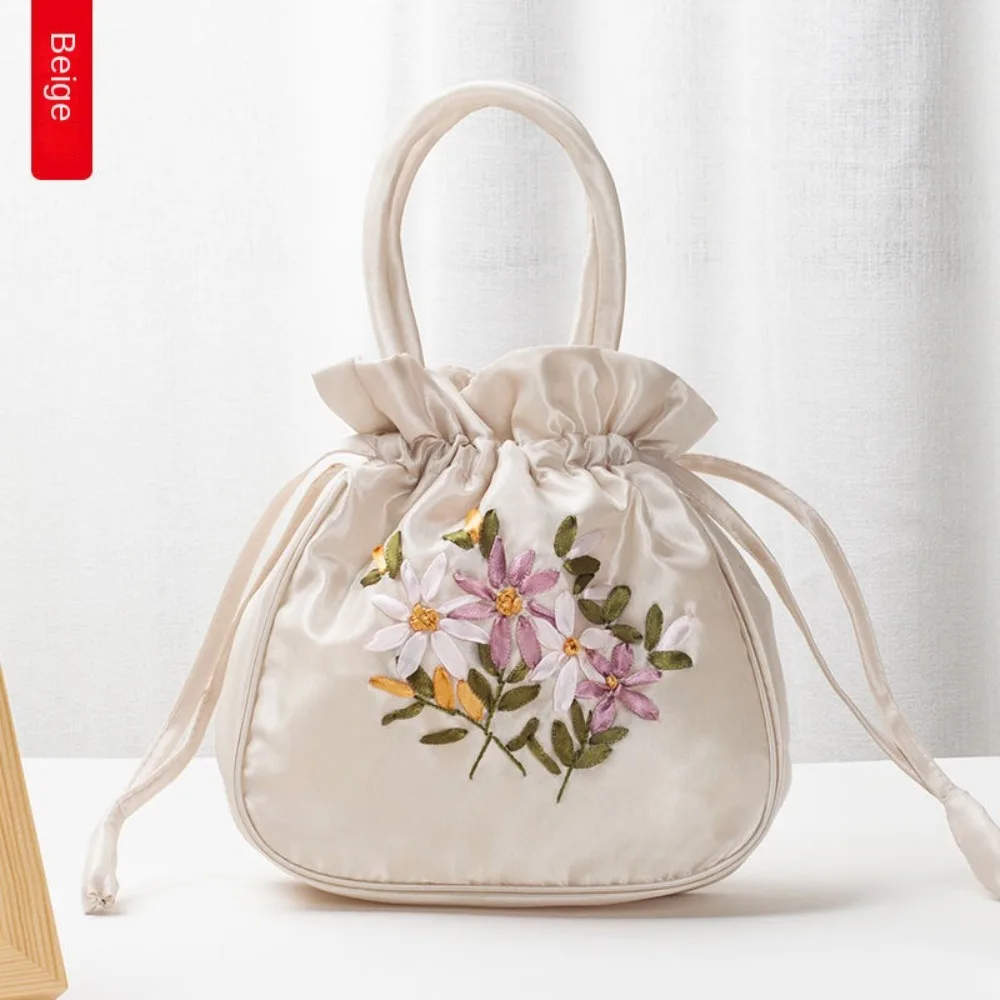Small Women Bucket Bag Top Handle Ladies Handbag Phone Bag Summer Purse National Style Embroidered Flower Pattern Drawstring Bag