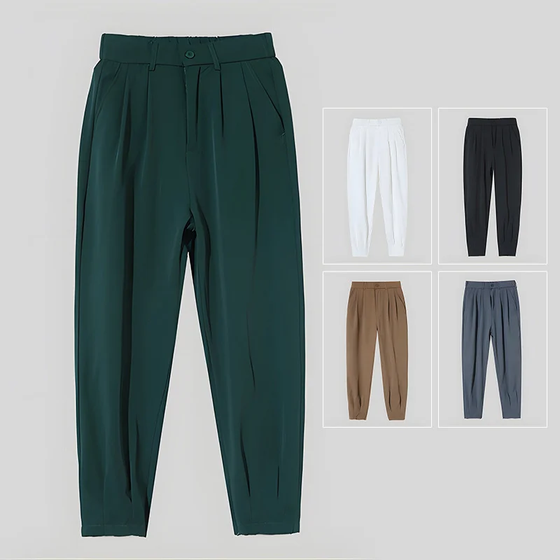 

Summer Ice Silk Ultra-thin Men's Casual Suit Pants 2023 Fashion Zipper Beam Feet Street Harem Ankle Length Trousers Black White