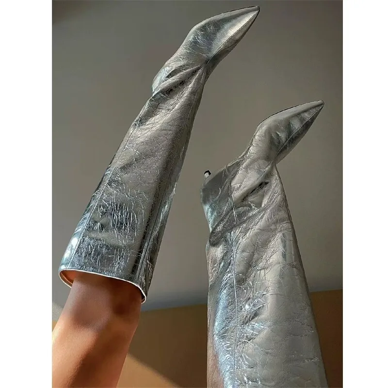 

Retro Silver Pointed Toe Slip-On Boots Glossy Leather Low Stiletto Knee-High Botines Versatile Women High Botas Femininas