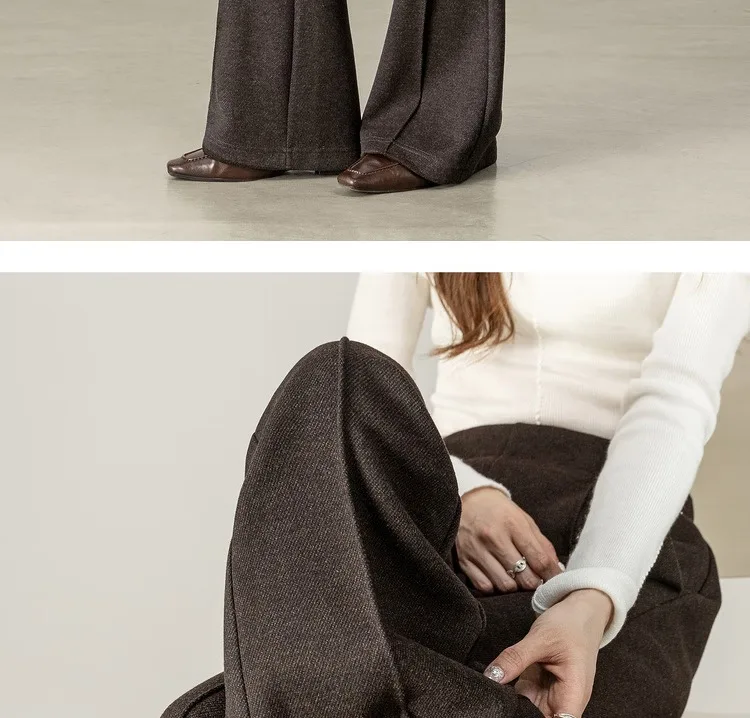 SENTUBILA Women's Wool Blend Trousers 2026 Autumn Winter Elastic Waist Side Zipper Flare Pants Casual Commute Bottoms 154K80271