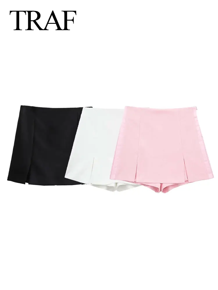 

TRAF Fashion Retro Loose Mini Skirt Elegant Women's Chic Slit Silk Satin Textured Patchwork Skirt Women's High Waist Skirt