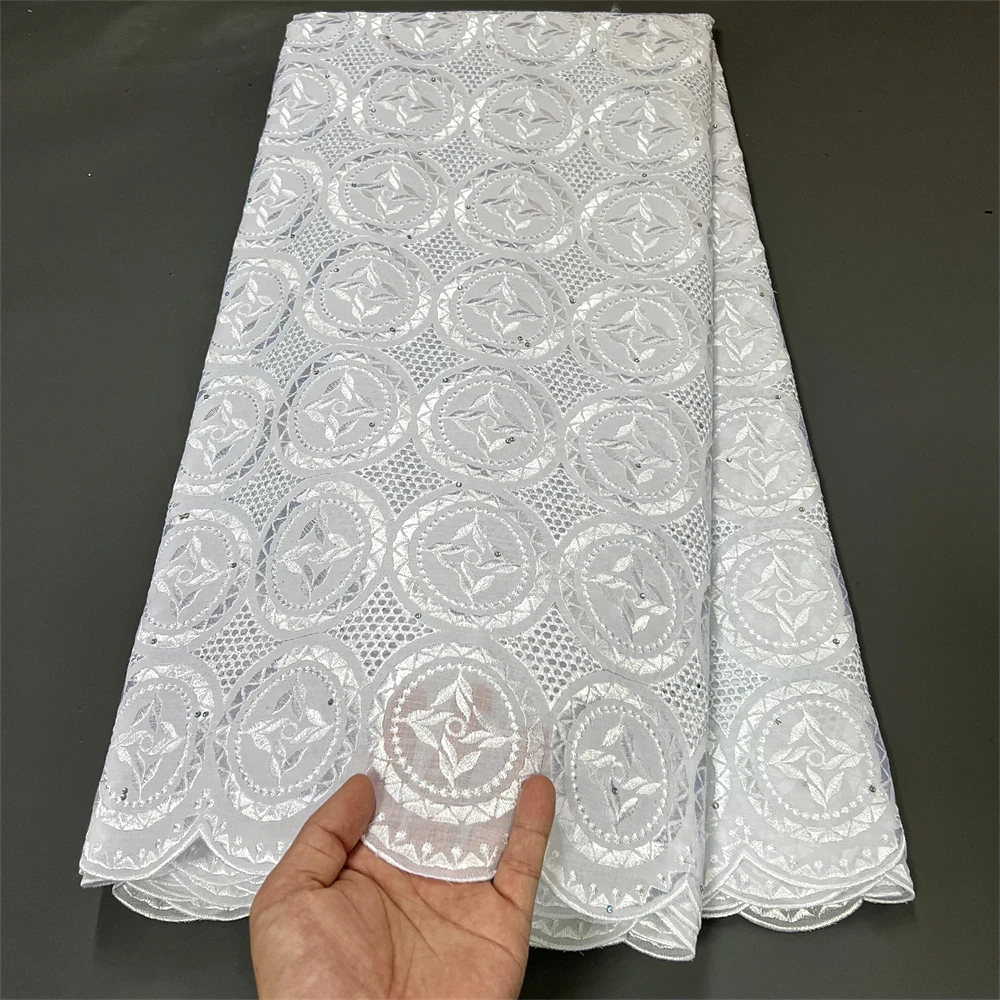 

2023Nigeria High Pure Quality African Embroidery Tulle Lace Fabric Party Wedding Dress Damask Cotton White Fashion 5Yard hz1244