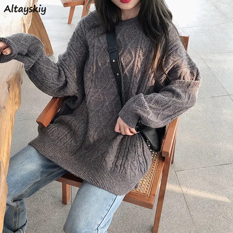 

Pullovers Women Medium-long Autumn Korean Style Loose Thicker Twist Knitted Sweaters Simple Retro Casual Tops Warm Solid O-neck