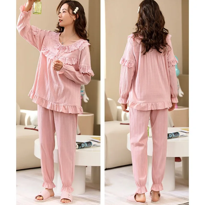 2024 New Pure Cotton Pajamas Women Spring Autumn Long Sleeved Bowknot Sleepwear Sets Large Sizes Winter Falbala Loose Homewear