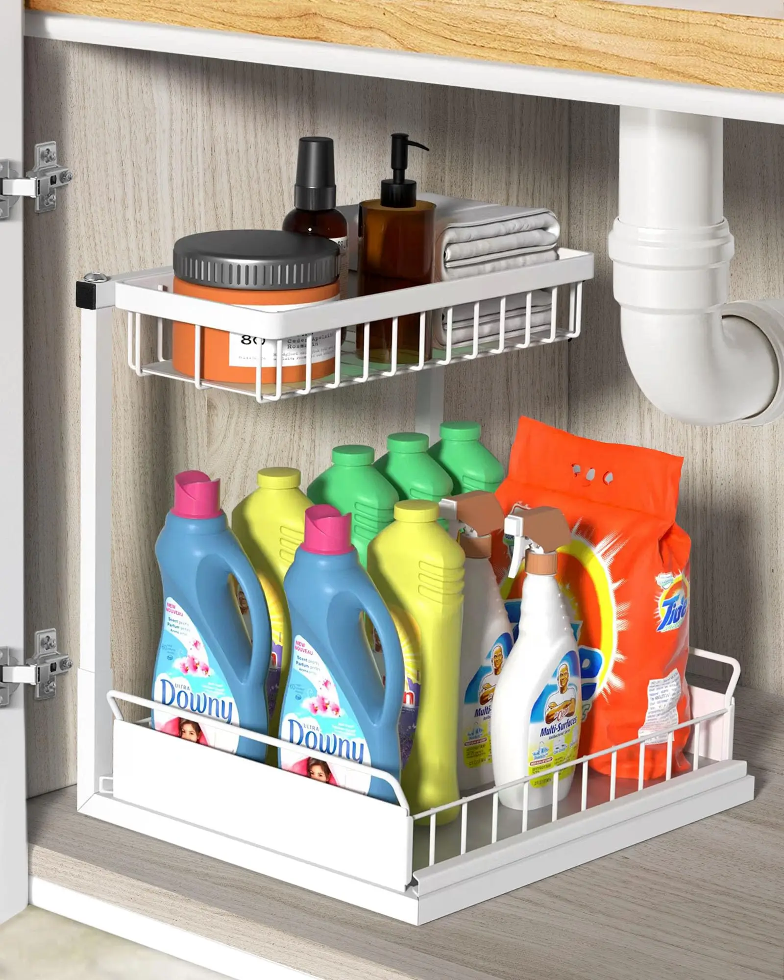 Organizer Acciaio Bagno Cassetto Estraibile Cucina Organizzatore Sotto Il Lavandino A 2 Livelli, Armadio Scorrevole Porta Detersivi Salvaspazio Ripiani Estraibili A L Per Cucina