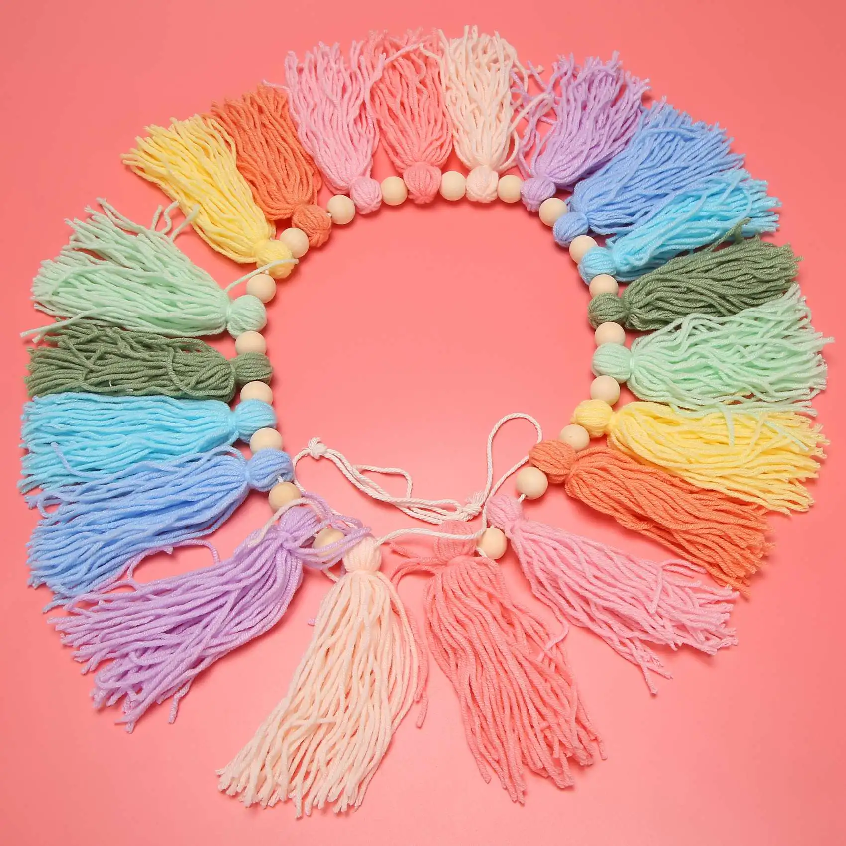 37Inch Pastel Rainbow Tassel Garland with Wood Bead Colorful Tapestry for Bedroom Wall Classroom Nursery Party Decor