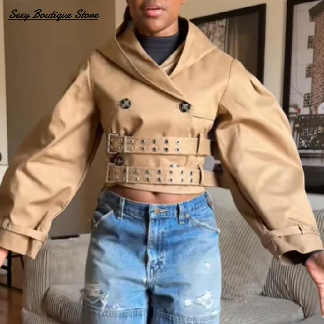 Chic Punk Trench Coat For Women Full Sleeve Loose Hooded Crop Coat Lapel Bat Sleeve Long Coats 2025 New Lady Y2k Fall Outwears 3