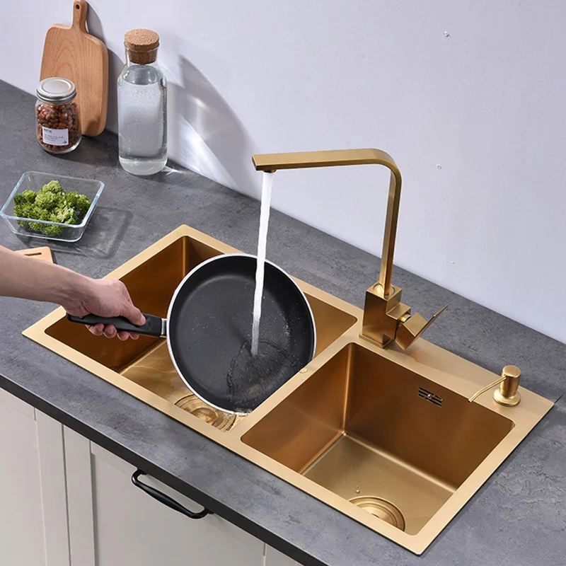 Gold kitchen sink double Sink Bowl Stainless Steel Kitchen Towel Basket Strainer Golden Washing Basin Kitchen Sinks