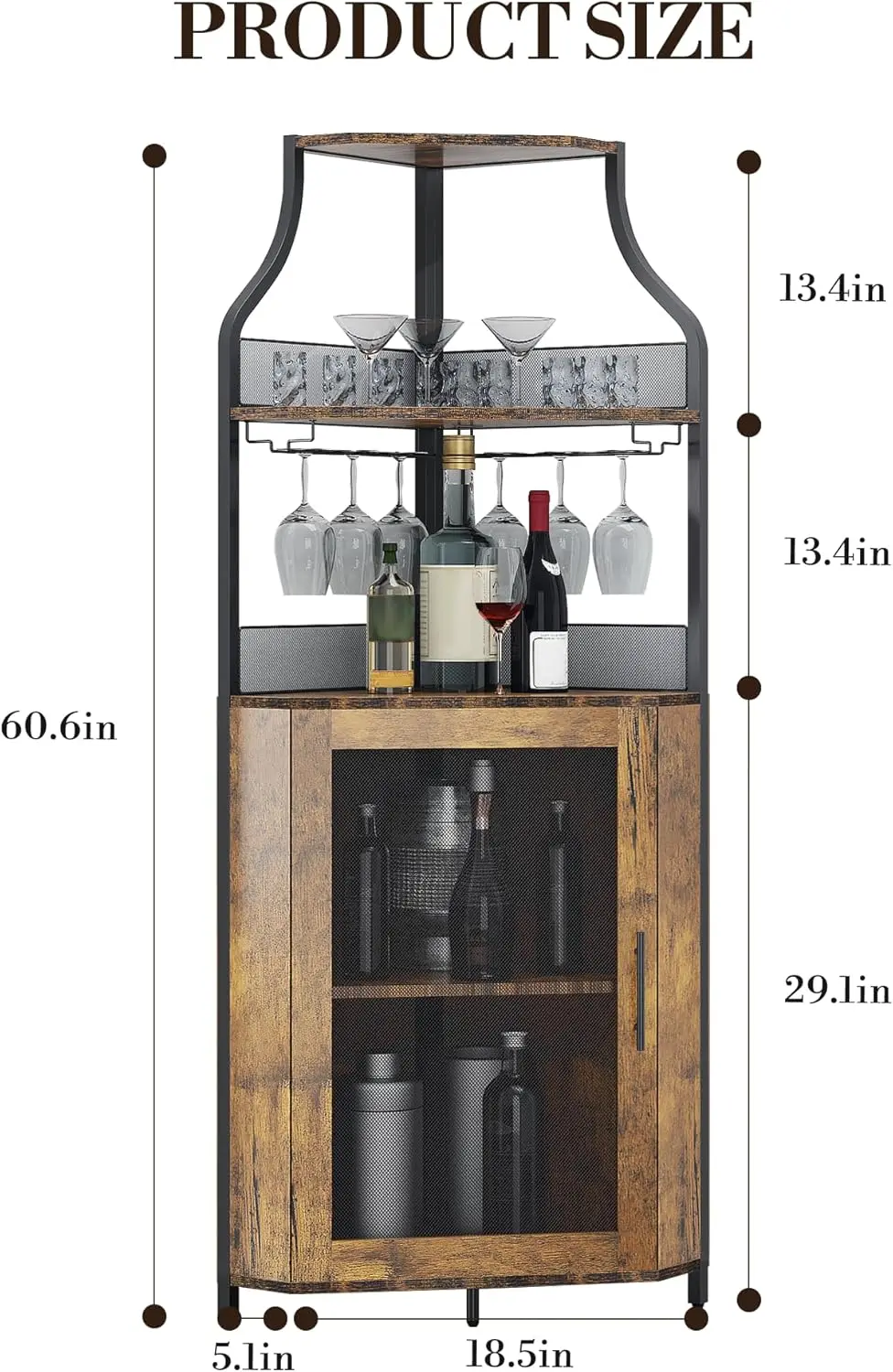 Corner Bar Cabinet, 61" Tall Farmhouse Wine Cabinet with Led Light & Detachable Wine Rack, 5-Tier Industrial Wine Cabinet