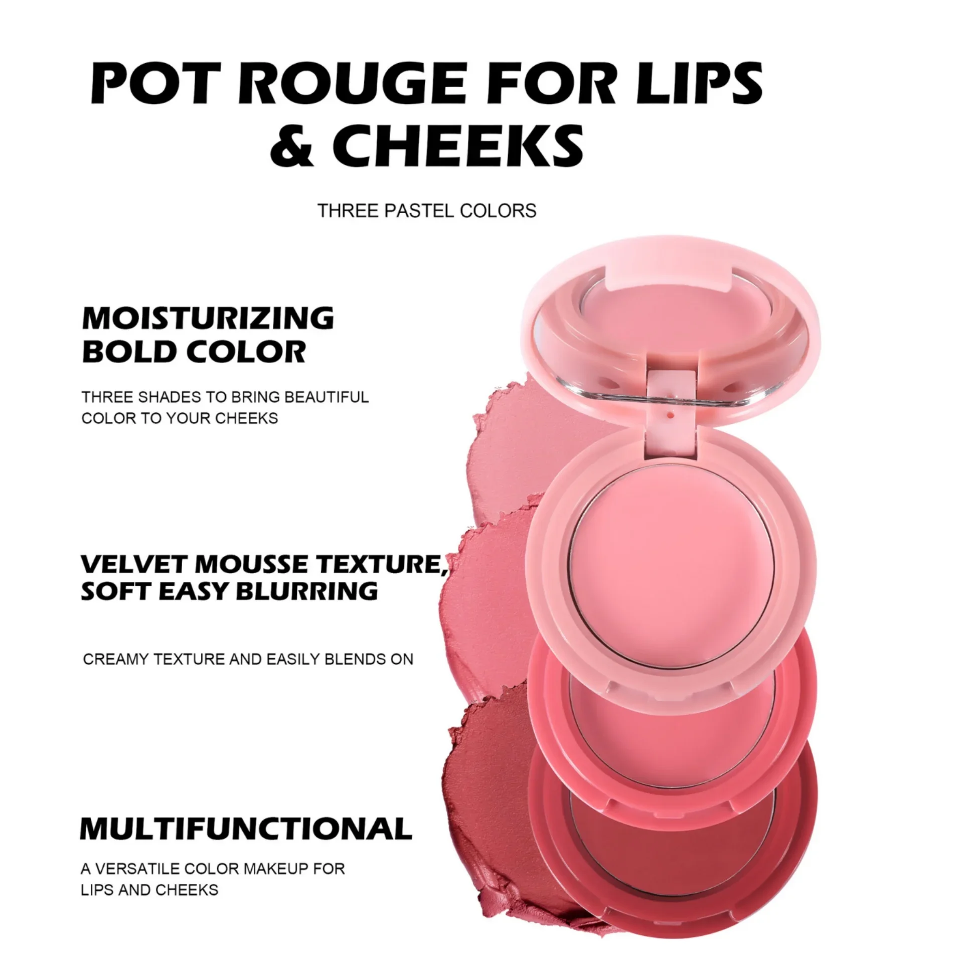 3 in 1 Matte Blush Palette Multifunctional Cheek Eyeshadow Lipstick Tray Mud Texture Makeup Long Lasting Velvet Blusher Cream