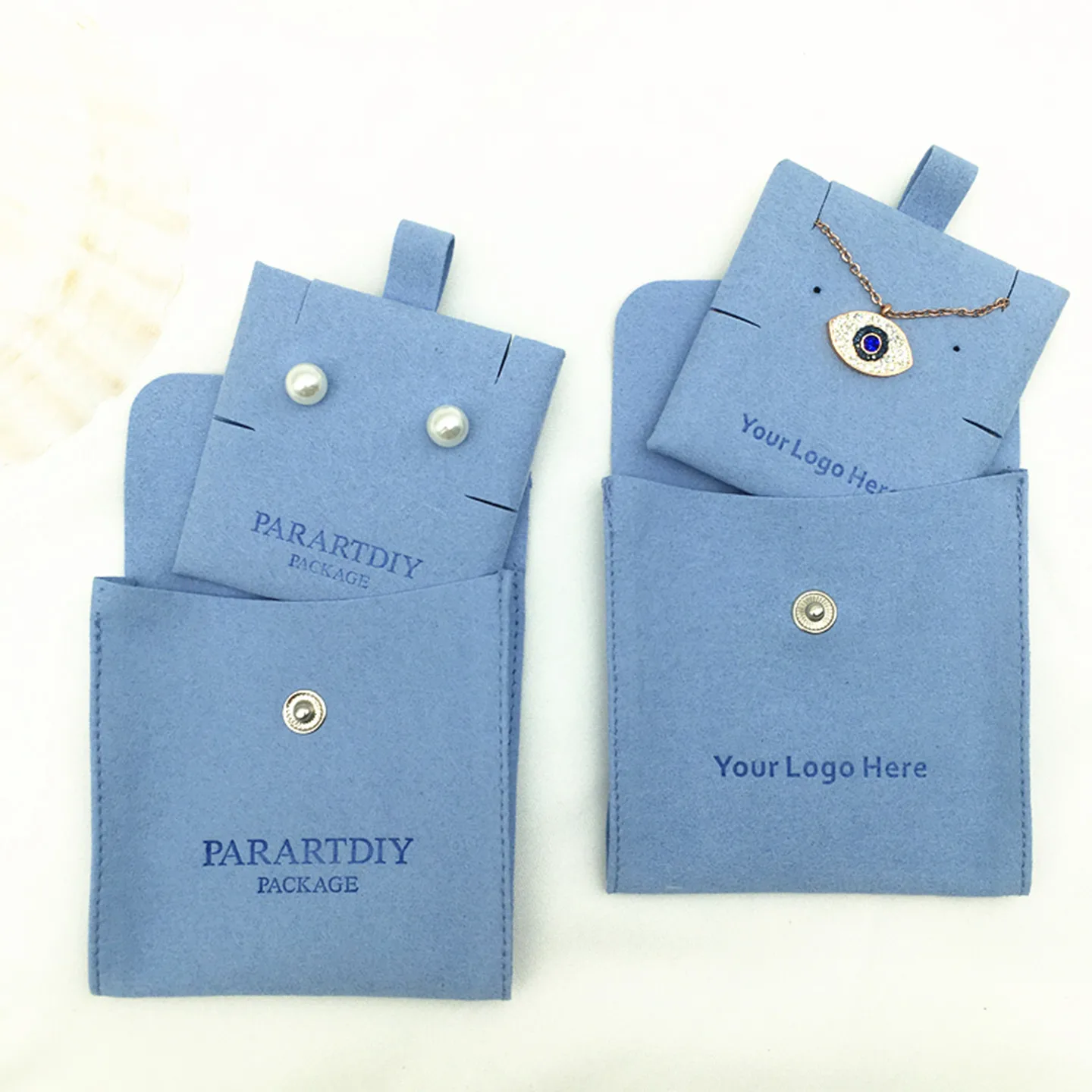 50/200 sets blue personalized jewelry packaging bags custom logo button bag fashion small envelope bag necklace clip microfiber