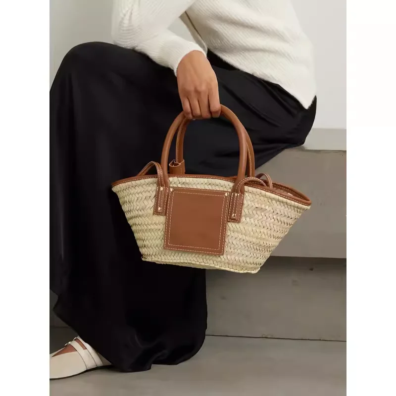 

Seaside Beach Holiday Straw Bag French Light Luxury Shoulder Bag Patchwork Leather Raffia Handbag Summer Popular Basket Tote Bag